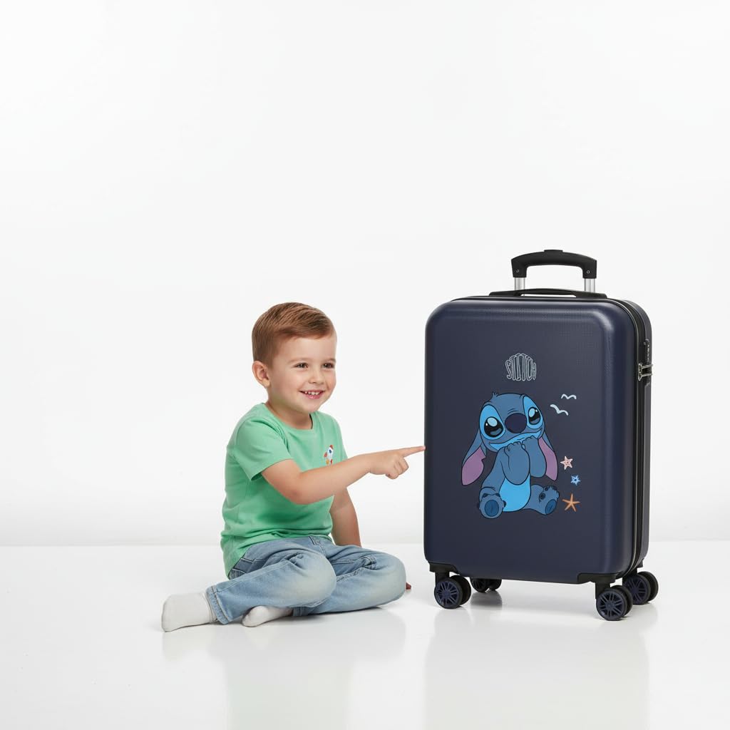 Disney Stitch Excited Equipaje- Equipaje para niños, Unisex niños, Excited Blue Cierre de combinación Lateral 4 Ruedas Equipaje de Mano está Fabricada en ABS, un Material rígido y Ligero.