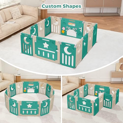 Baby Playpen, Dripex Baby Playard for Babies and Toddlers, 14-Panel Foldable Playpen Adjustable Portable Play Area, Indoor/Outdoor Kids Active Center with Game Panel & Safety Gate, Green White