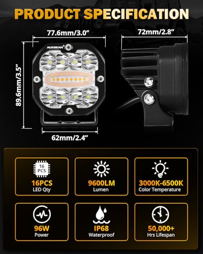 Image of Auxbeam XP-Ultra Series 6 Modes 3 Inch Amber White LED Light Pods | 9600LM, Dual Color Offroad Lights for Trucks Jeep ATV, Spot Flood Combo Ditch Lights, Strobe Light, LED Cube, Memory Function