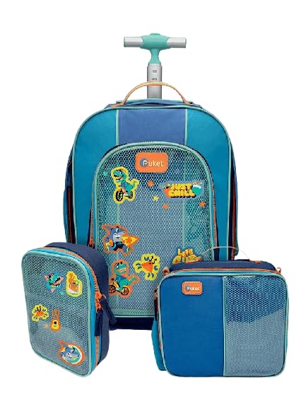 PUKET - Kit Mochila com Rodinha, Estojo e Lancheira Color Block Azul - PUKET