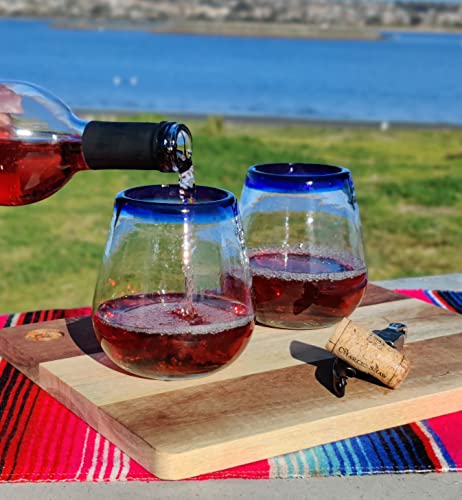 Dos Sueños Hand Blown Mexican Stemless Wine Glasses - Set Of 6 Glasses With Cobalt Blue Rims (15 Oz) #TOP3