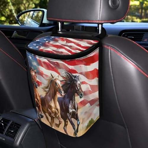 Image of Talayituse Horse American Flag Print Car Trash Bin, Large Size Auto Trash Can Adjustable Portable Garbage Can with Lid, Vehicle Hanging Bag for Headrest Front Back Seat