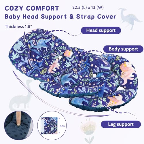 Image of Pea Pod Infant Car Seat Insert with Strap Covers, All in One Reversible Baby Car Seat Head Support for Newborn, 3D Soft Minky Carseat Cushion for Preemie to Infant, Stroller, Swing, Bouncer, Dinosaur