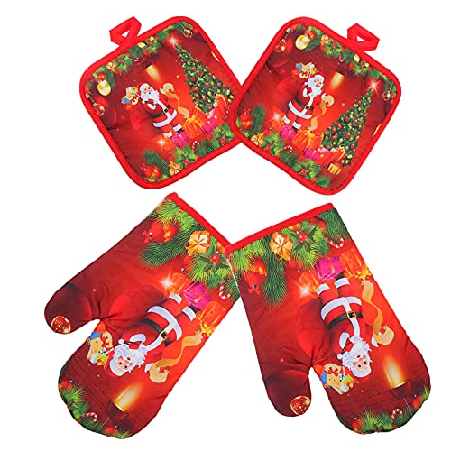 Angoily 4 Pcs Christmas Oven Mitts And Pot Holder Sets, Red Christmas Santa Claus Printed Insulation Oven Mittens For Kitchen Cooking Baking Grilling, Anti- Scald Xmas Microwave Oven Gloves #TOP18
