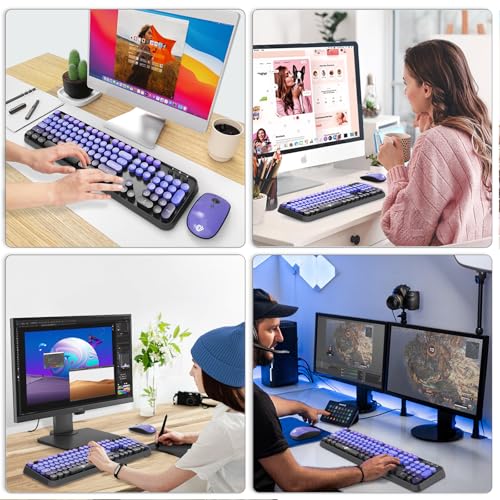 Image of Wireless Keyboard and Mouse Combo, 2.4G USB Cordless Round Keyboard and Mouse for Laptop Computer TV (102 Keys Purple Black)