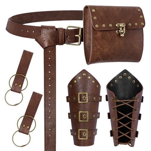 Image of Renaissance Belt Pouch Medieval Viking Leather Bracers Set for LARP