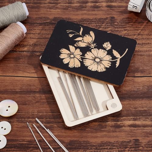 Image of AHANDMAKER 2 pcs Wooden Needle Box Sewing Needle Storage Box Sewing Pins Organizer with Flower Print for Quilters, Sewers, Tailors, Black,3.15x1.97x0.14 Inch