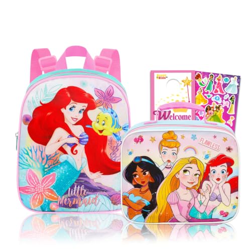 Disney Mini Mochila Com Lancheira Da Pequena Sereia - Pacote Ariel De 25 Cm, Bolsa, Adesivos E Muito Mais, Para Crianças Pequenas