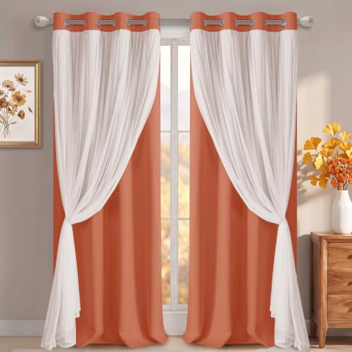 Image of DWCN Orange Blackout Curtains with Sheer Overlay with Tiebacks 96 Inch Long | Floor to Ceiling Double Layer Window Panels for Bedroom Living Room Drape, Grommet Top, 52 inch Wx96 inch L, Burnt Orange, Set of 2