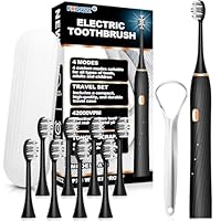 FXQQZZ Electric Toothbrush for Adults and Kids, with Tongue Scraper and Travel Case, 8 Brush Head, Smart Timer & 4 Modes Rechargeable Toothbrush, 42000 VPM Deep Clean, One Charge Last 90 Days - Black