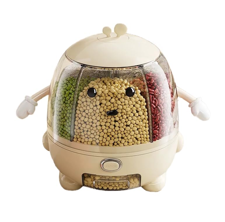 20Lbs Cute Cartoon Grain Dispenser – 360° Rotating Rice & Bean Storage Container with Sealed Lid, Adorable Hands & Feet Design, 5-Grid One-Click Output – Fun & Functional Kitchen Organizer