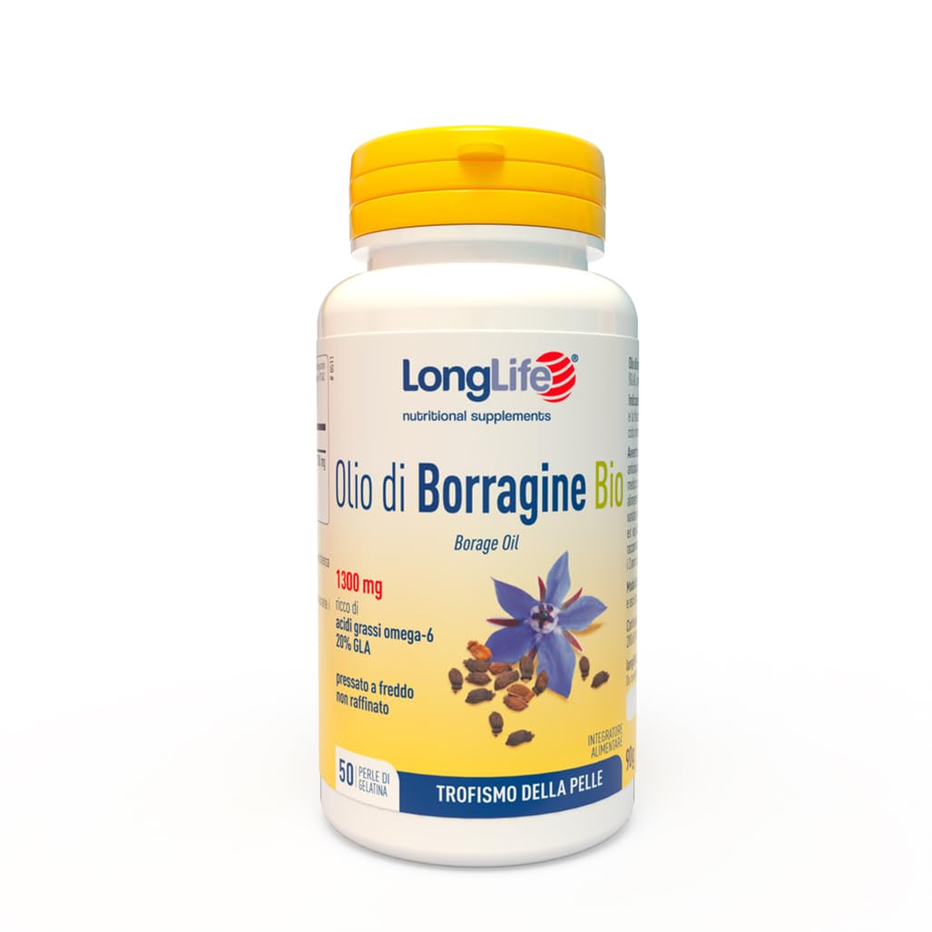 LongLife® Olio di Borragine Bio 1300mg | Integratore di borragine titolato al 20% in GLA | Omega 6 | Trofismo della pelle | Benessere della donna | 60 perle | Senza glutine e biologico