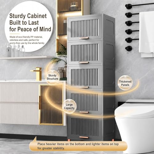 Image of Mevigo Door Plastic Wardrobe for Kids| Almirah and Wardrobe for Baby Clothes| Modular Storage Cabinet Organizer for Cupboard Standing Mat for Kitchen,Home Office,Sink-Indoor (Grey, 5- Layer)