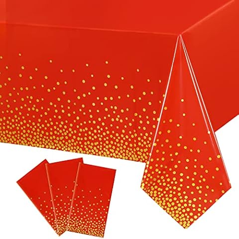 Breling 3 Pieces Dot Tablecloth Confetti Rectangle Plastic Disposable Table Cover for Birthday Wedding Baby Shower Engagement Anniversary Bachelorette Party, 54 x 108 Inch (Red and Gold) Cover