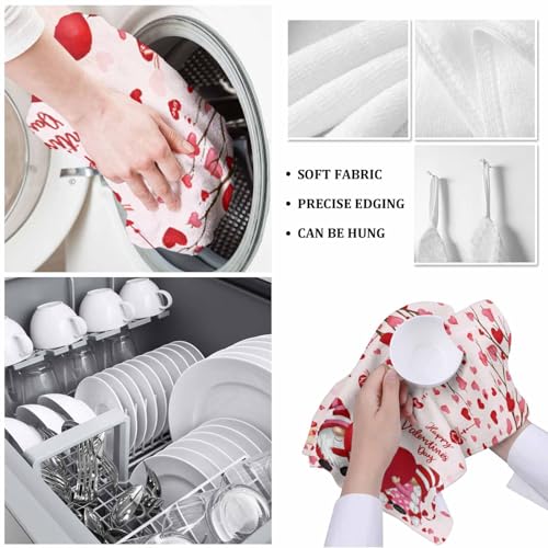 Image of Happy Valentine's Day Kitchen Towels,Gnomes Red Heart Pink 18x28 Inches Soft Kitchen Dish Cloth, Love Tree Cotton Tea Towels /Bar Towels /Hand Towels,(3 Pack)