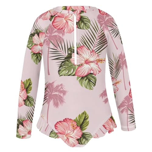 J JOYSAY Hibiscus Palm Leaves Pastel Girls One Piece Swimsuits Long Sleeve UPF 50+ Rash Guard Kids Swimwear 3-12 Years2