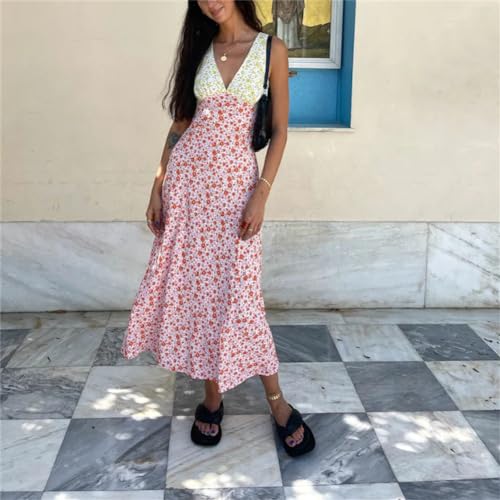 Image of Women Midi Dress Bohemian V Neck Long Dress Sleeveless Floral Print Maxi Dress, Women Y2k Floral Deep V Neck Maxi Dress