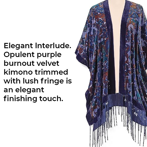SAGEFINDS Fringed Burnout Velvet Kimono for Women| Elegant Evening Shawl with Fringe | Open Front Wrap | Party Cape with Kimono Sleeves | One Size Fits Most2