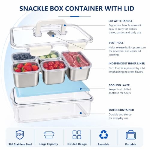 Stainless Steel Snackle Box Container with Ice Pack-304 Stainless Steel Divided Serving Tray & 2 Forks,Dishwasher Safe 5 Compartment Platter Box with Lid and Handle for Beach,Road Trip,Party — view 2