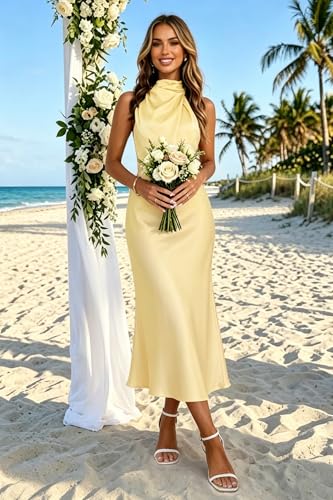 Image of Women's Satin Maxi Dress Summer Formal Wedding Guest Cocktail Dress | Mock Neck Sleeveless,Elegant Silk Midi Long Dress,High Neck,Halter,Aline,Bridesmaid,Bridal Shower Guest,Garden Party,Dinner