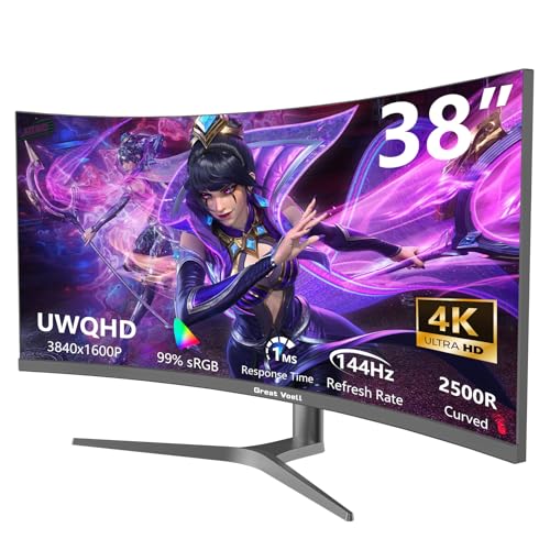 Great voell monitor da gioco 38 pollici 144HZ curvo Gaming Monitor, 144Hz, UWQHD 3840x1600, 2500R, 1ms, 99% sRGB, FreeSync, HDR, Anti-Blue Light, VESA Montabile, HDMI 2.0, DP 1.4, Supporto