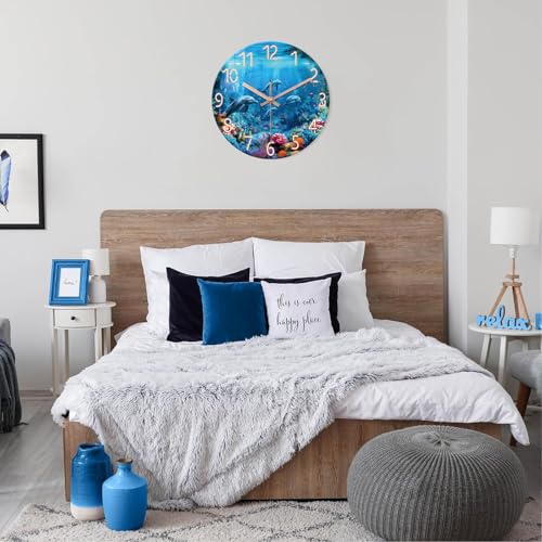 Image of XFM Blue Ocean Wall Clock 12 Inch Beach Themed Dolphin | Battery Operated Tropical Nautical Modern Glass Decorative for Living Room Bedroom Kitchen Office Silent Non Ticking