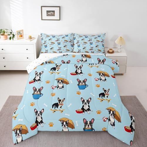 Image of Feelyou Kids Full Size French Bulldog Comforter Set Cartoon Dog Bedding Set Dog Animal Comforter for Kids Boys Girls Pet Dog Duvet Insert Kids Bedroom Decor Microfiber Bed Set
