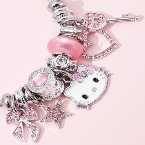 Hello Jewelry Bracelet Charms Braclet, Kawaii Pink Kitty Bangle Women Matching Accessories, for Teen Graduation Birthday Gifts Stuff4