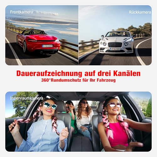 Volam 3 Kanal Dashcam Auto Vorne Hinten und Innen mit Akku, 1080P Dash Cam mit Auto Kamera Parküberwachung, Infrarot Nachtsicht WDR, G Sensor, 170° Weitwinkel Dash Camera mit Rückfahrkamera – Bild 4