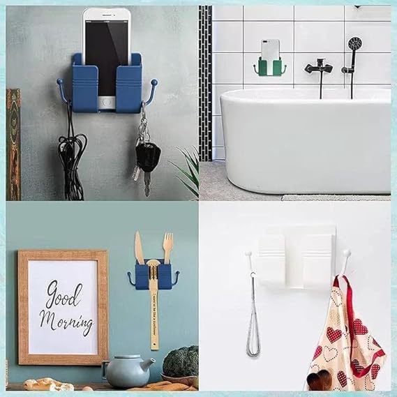 Image of Pack of 4 Wall Mount Self-Adhesive Wall Storage Mobile Holder | Mobile Phone Charging Bracket | Multipurpose Organizer Wall Mount Holder for Remotes,Phone (Black)