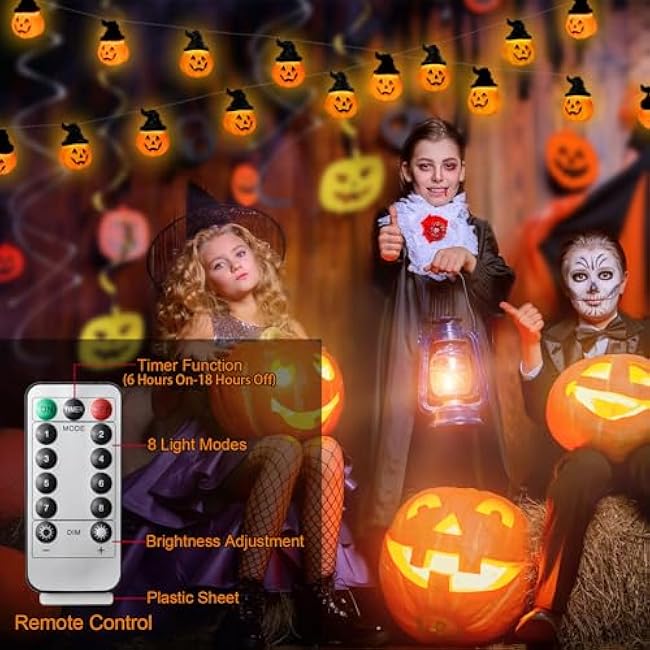 Halloween Pumpkin String Lights with Witch Hat, 20 LED 16.4FT 8 Modes Timer 3D Waterproof Orange Jack-O-Lantern Battery Operated Flickering Lights for Indoor Outdoor Decor Party Decorations