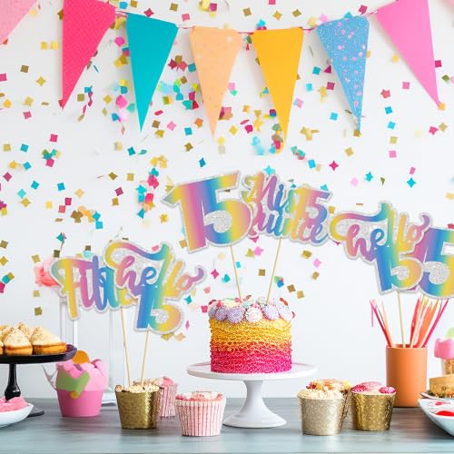 Image of Rainbow Glitter 15th Birthday Centerpiece Sticks,15 Fabulous Table Toppers,Cheers to 15 Birthday Anniversary Party Decorations for 15th Birthday Wedding Party Table Decorations