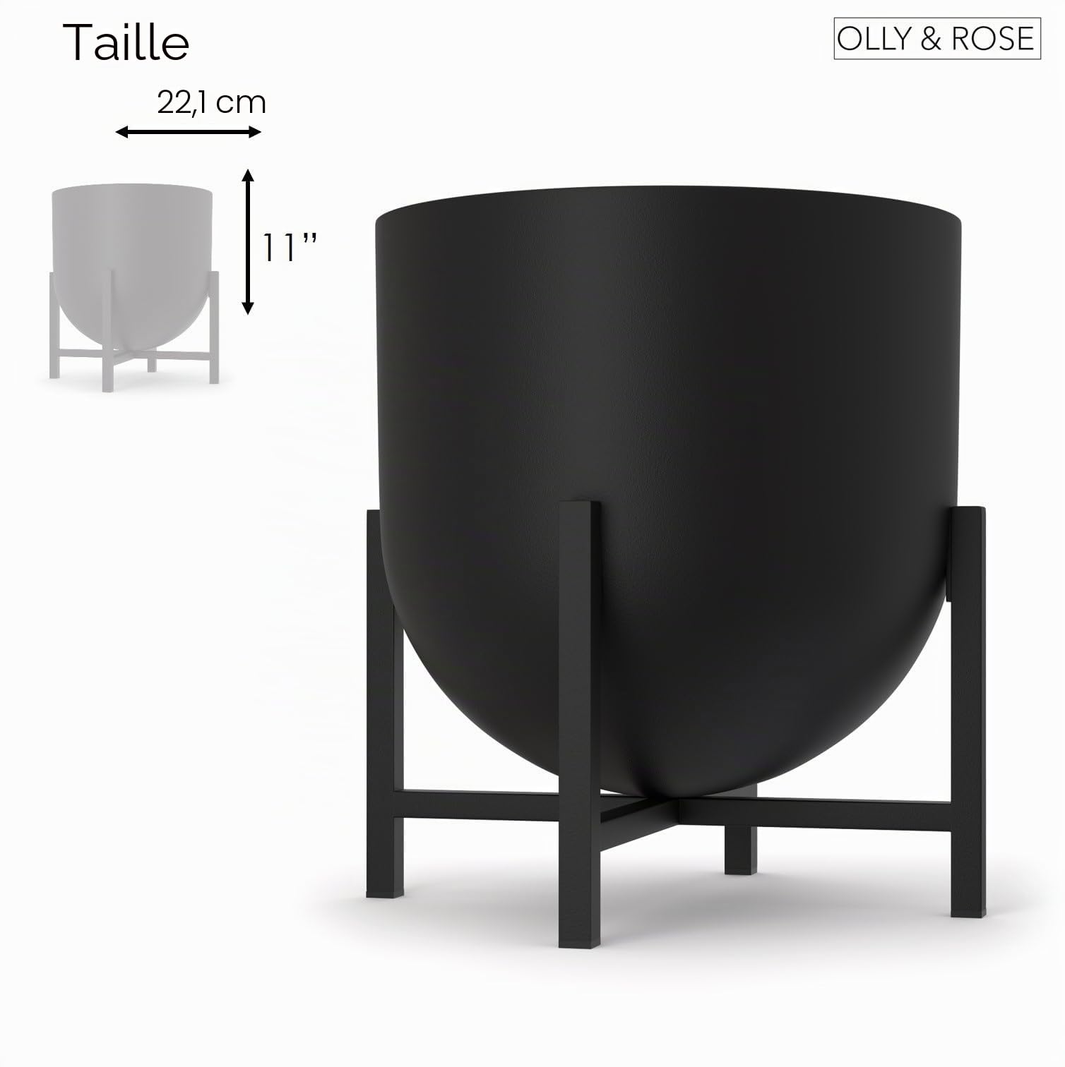Olly & Rose Pot de plante avec support pour plante - Pots de plante en métal d'intérieur Jardinière grand pot de fleurs (Noir, 22 cm)