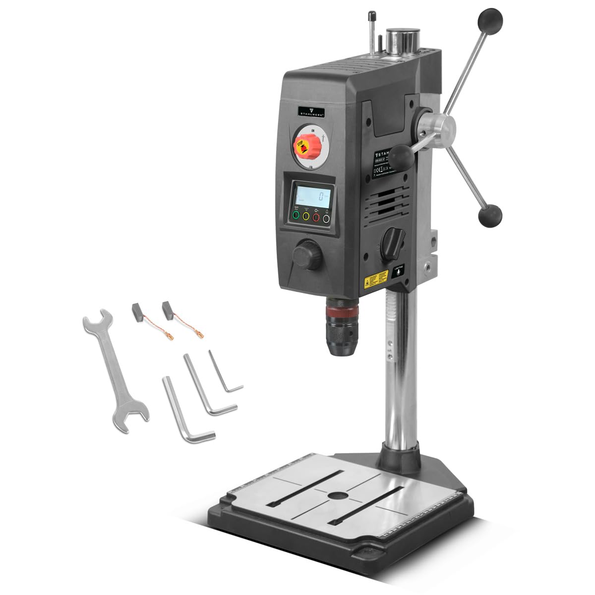 STAHLWERK Tischbohrmaschine mit Kreuzlinienlaser 800 W Ständerbohrmaschine, Drehzahl 200–2.500 U/min, Schnellspannfutter 1,5–13 mm, Säulenbohrmaschine mit 90 mm Bohrhub und Digitaldisplay