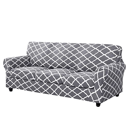Ryoizen Printed Stretch Couch Seat Cover For 3 Cushion Couch Sofa, 4 Pcs Stretch Sofa Covers Removable Washable Soft Spandex Furniture Protector Anti Slip Dogs (Sofa, Grey Stripes) #TOP6