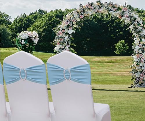 Image of 50 Pack Baby Blue Chair Sashes, Blue Spandex Chair Bands for Wedding Gender Reveal Party Decor, Baby Blue Bows for Folding Chairs