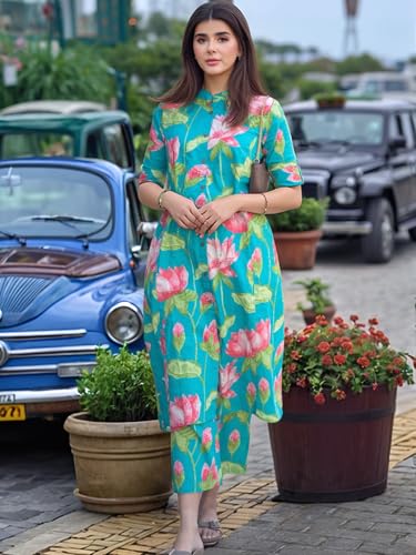 Image of GoSriKi Women's Rayon Viscose Printed A-Line Kurta with Pant