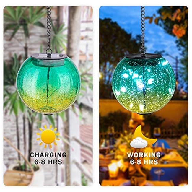 Hanging Solar Lights Outdoor Solar Lanterns Outdoor Decorative Cracked Glass Ball Lights Solar Powered Waterproof LED Globe Lantern for Outdoor Porch Patio Garden Decor Gift Green