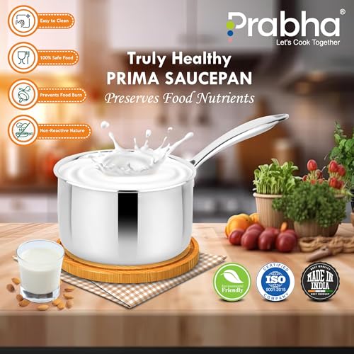Image of Prabha Prima Saucepan without Lid, Stainless Steel, Kitchen Sauce Pan Utensils, 18cm, 2.6L, Sauce Pan Container, Induction & Gas Stove Suitable, teapan, milkpot, milkpan, egg /milk /water boiler chaipan