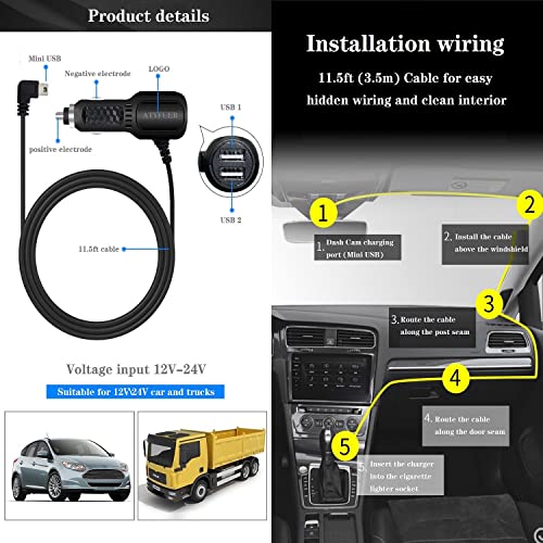 Dash Cam Charger Gps Navigator Charger Cable For Mini Usb Port Device Dash Cam Gps Mp3/Mp4 Player Canon Digital Camera Pda Charger For 12V Car And 24V Truck Car Power Adapter Cable (2Usb 5V A) #TOP6