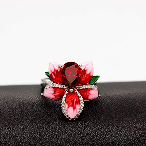 Uloveido Beautiful Red Enamel Rose Ring for Women Blossom Flower Rings with Pear Cut Cubic Zirconia Cocktail Summer Ring RA6273