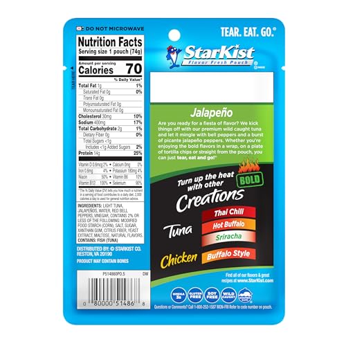 Image of StarKist Tuna Creations BOLD Jalapeno, 2.6oz Pouch, 12-Pack | 14g Protein Per Serving, Wild Caught, Shelf Stable Seafood, Gluten Free, Soy Free, No Draining, Ready to Eat for Salads