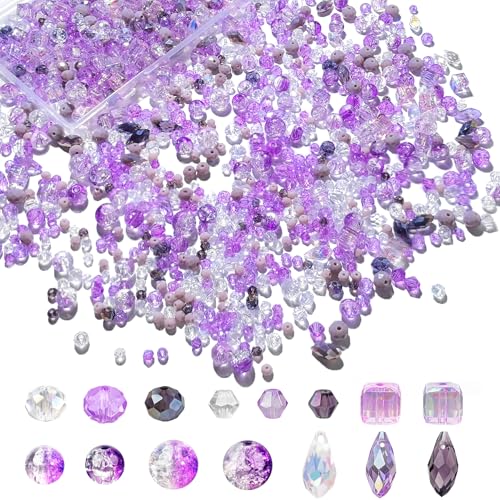 1000pcs Glass Beads for Jewelry Making Colorful Rainbow Craft Crystal Beads with Loose Beads Sparkly Beads for DIY Necklace Bracelet Earring(Purple)