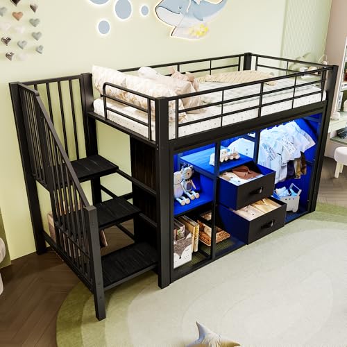 LAKFEW Cama Alta Infantil 90x200 cm con Iluminación LED y Armario Abierto, Cama Tren Juvenil con 2 Cajones y Estante de Almacenaje, Camas Altas con Escalera y Protección Anticaída, Negro, Sin Colchón