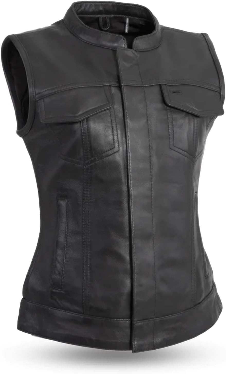 First Mfg Co Ludlow Women's Club Style Lightweight Motorcycle Vest, Banded Collar, Secure Inner Pocket With Bullet Snaps