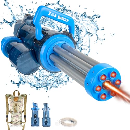 Pycoal Gatling Water Gun, Powerful Electric Water Gun Rotating Water Gatling Gun with Plumbing & Backpack, Strongest Water Squirt Gun with Gunfire Lights Long Range Watergun for Pool, Outdoor