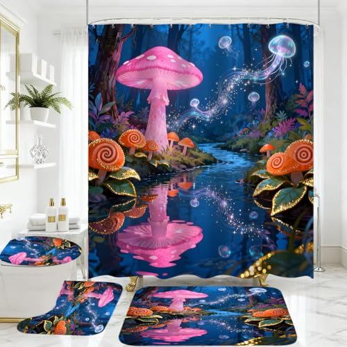 jieprom 4 Piece Blue and Pink Shower Curtain Set with Rugs, Magical Mushroom & Glowing Jellyfish Art, Surreal Forest Aesthetic Bathroom Decor, Waterproof Fabric with Non-Slip Mats & Toilet Lid Cover