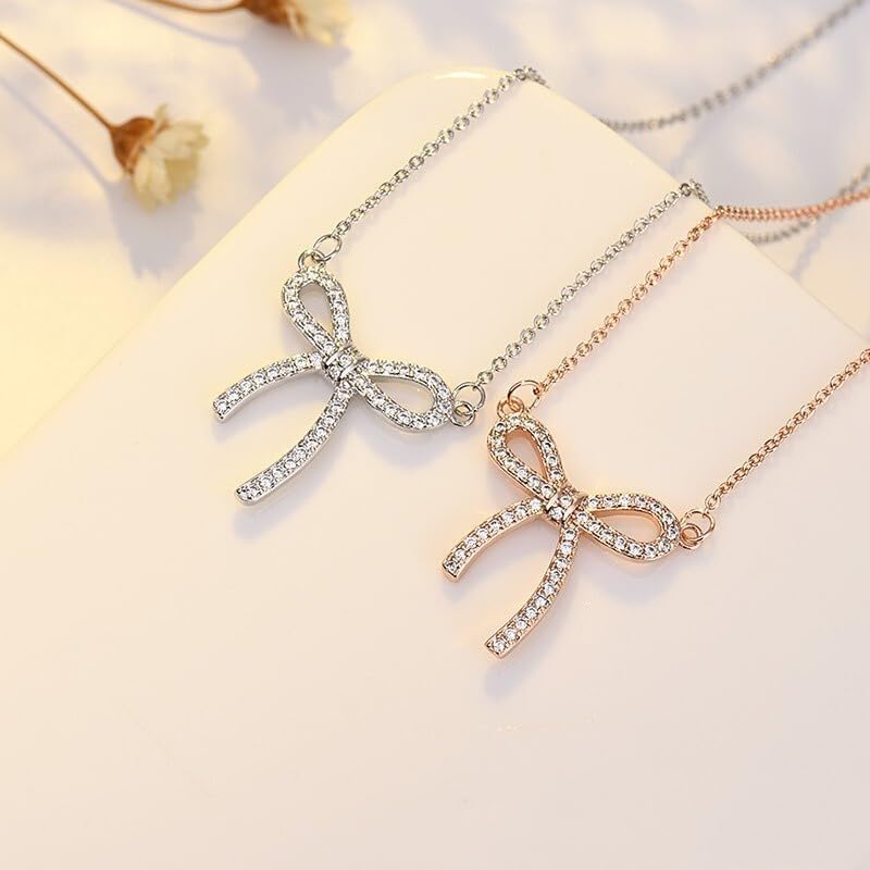 DATOA Sparkly Silver Small Bow Pendant Necklace for Women Dainty Rhinestone Necklace Trendy Party Wedding Jewelry - Image 4