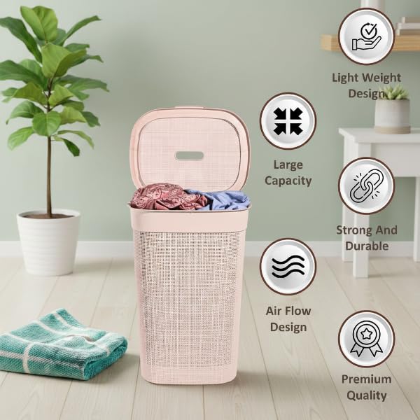 Image of KITCHIVO Plastic Large 55 Ltr Laundry Basket with Lid & Handle | Multipurpose Hamper Bins Storing Washable Clothes, Blankets | Household Ideal for Home & Bathroom (Woods Light Pink Laundry Basket)