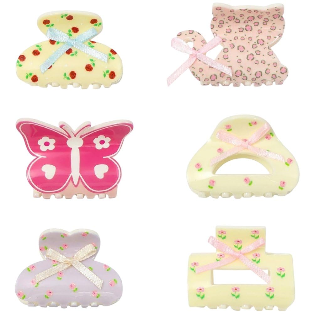 Sslvya 6 Pcs Small Hair Claw Clips, Non-slip Jaw Clips, Trendy Bow Flower Butterfly Cat Hair Clips Y2k Hair Accessories for Women